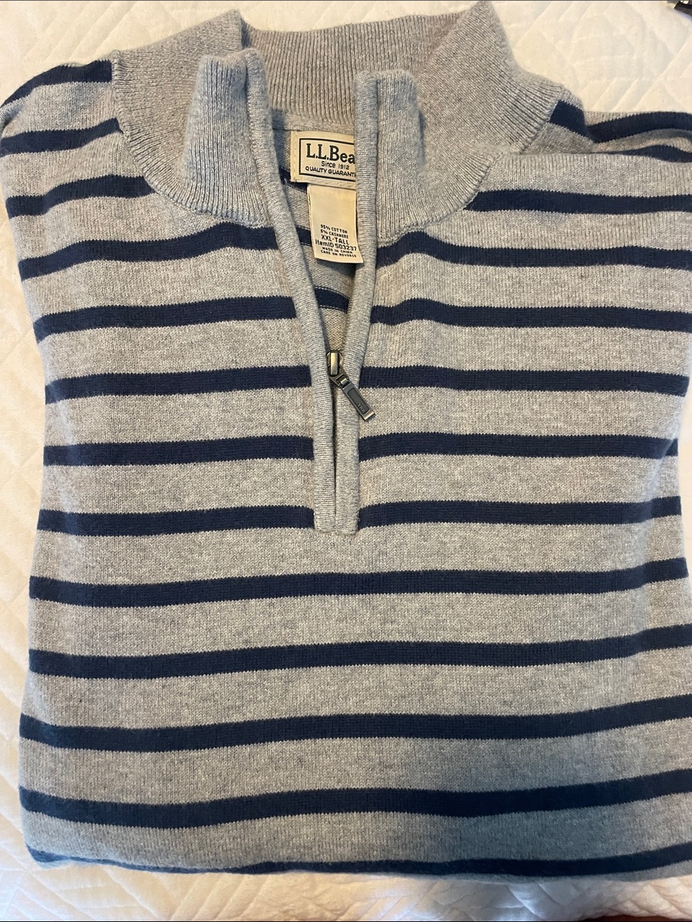 L.L. Bean Men’s Gray and Navy Striped Zip-Neck Sweater